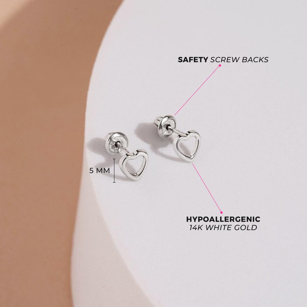 14k White Gold Tiny Open Heart Baby / Toddler / Kids Earrings Safety Screw Back