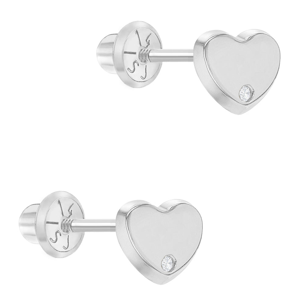 14k White Gold Classic Diamond Heart Kids / Children's / Girls Earrings Safety Screw Back