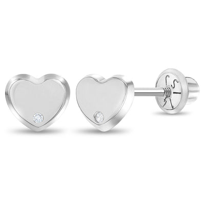 14k White Gold Classic Diamond Heart Kids / Children's / Girls Earrings Safety Screw Back