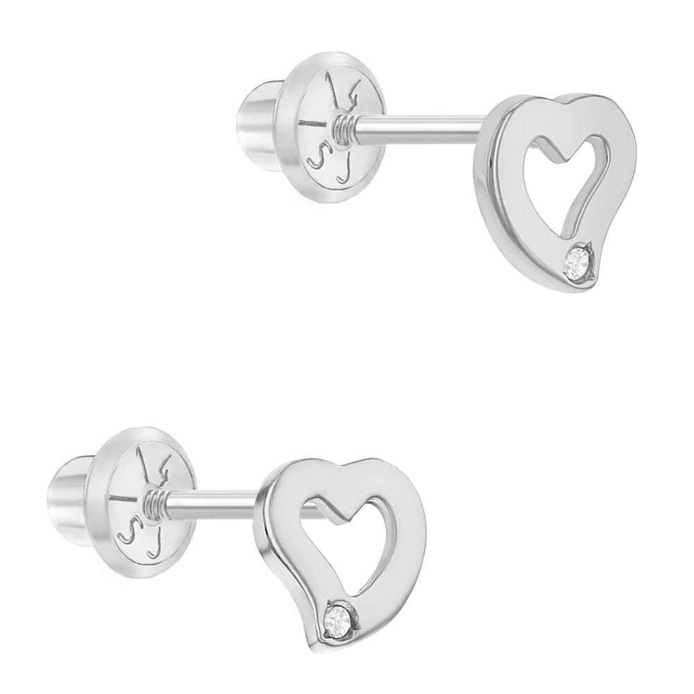 14k White Gold Genuine Diamond Heart Baby / Toddler / Kids Earrings Safety Screw Back