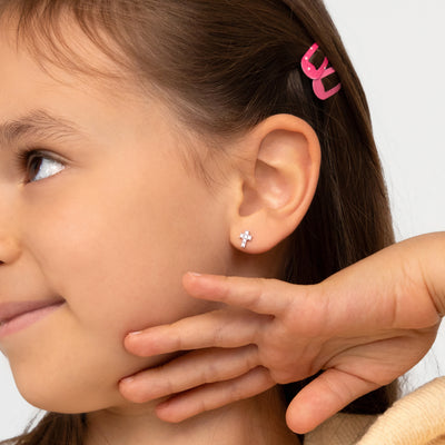 14k White Gold Classic Cubic Zirconia Jeweled Cross Baby / Toddler / Kids Earrings Safety Screw Back