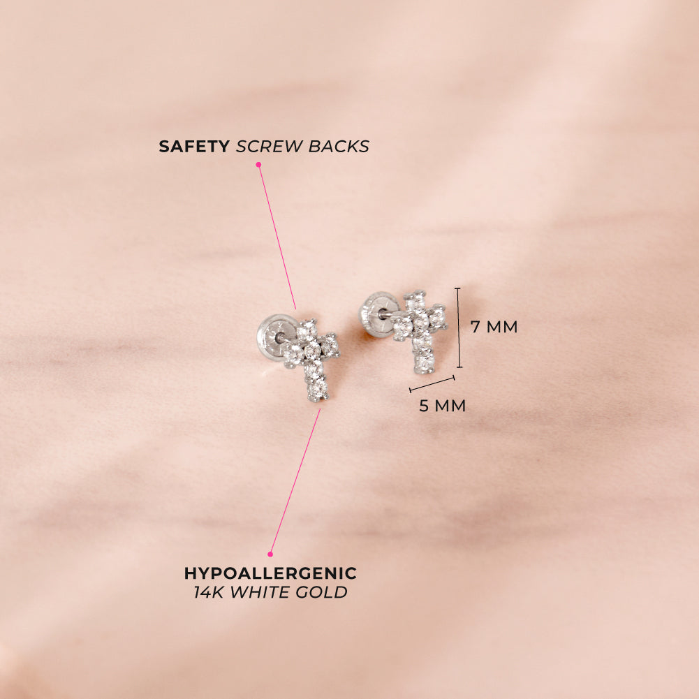 14k White Gold Classic Cubic Zirconia Jeweled Cross Baby / Toddler / Kids Earrings Safety Screw Back