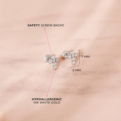 14k White Gold Classic Cubic Zirconia Jeweled Cross Baby / Toddler / Kids Earrings Safety Screw Back