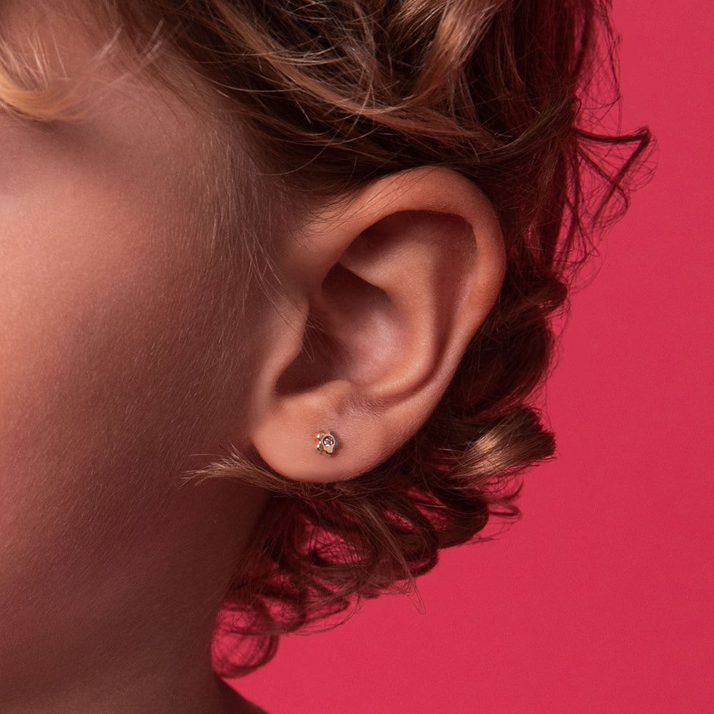 14k Gold Classic CZ Flower Baby / Toddler / Kids Earrings Safety Screw Back