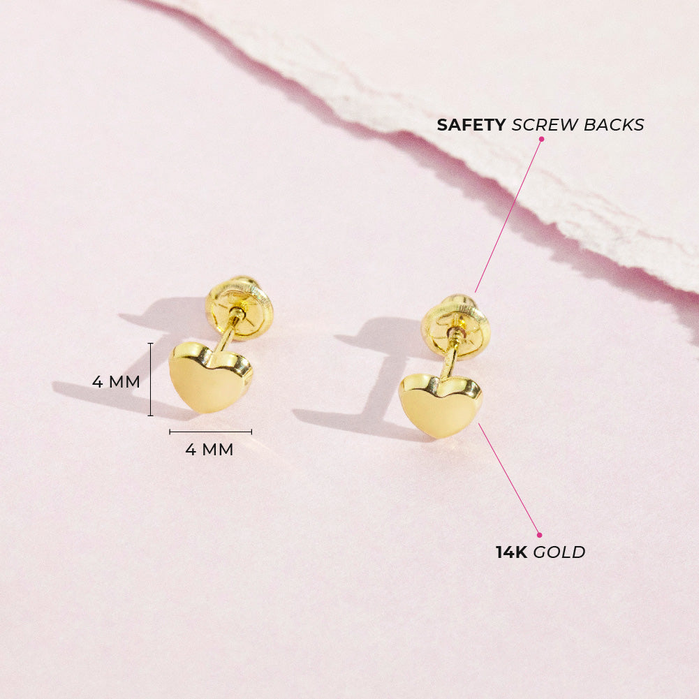 14k Gold Classic Polished Heart Baby / Toddler / Kids Earrings Safety Screw Back