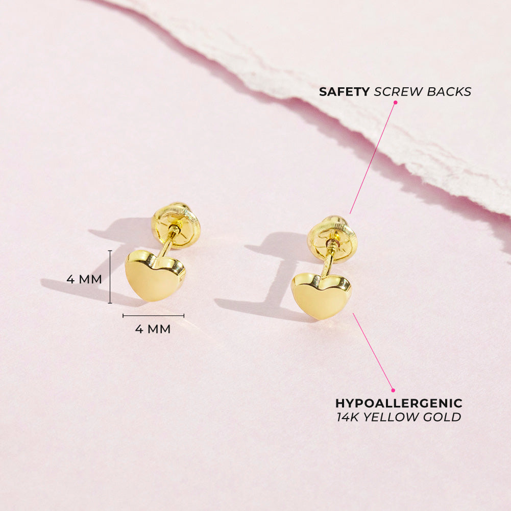 14k Gold Classic Polished Heart Baby / Toddler / Kids Earrings Safety Screw Back