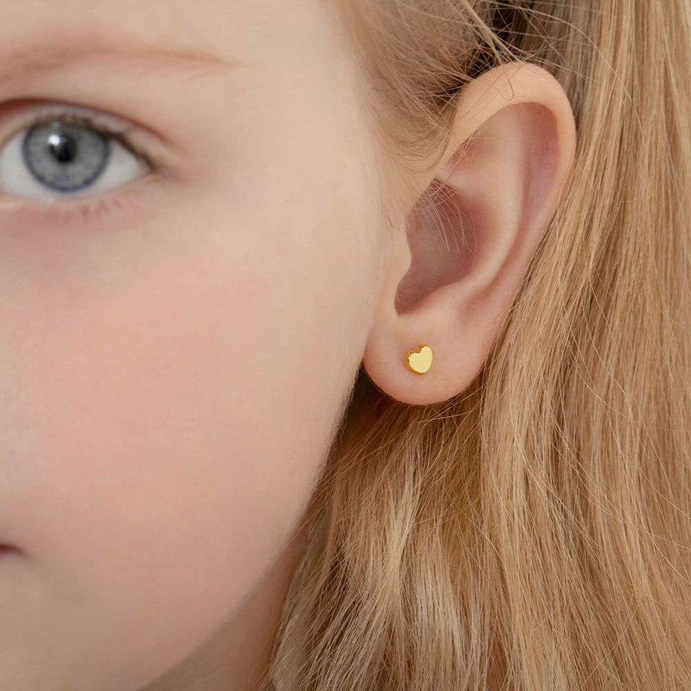 18k Gold Classic Polished Heart Baby / Toddler / Kids Earrings Safety Screw Back