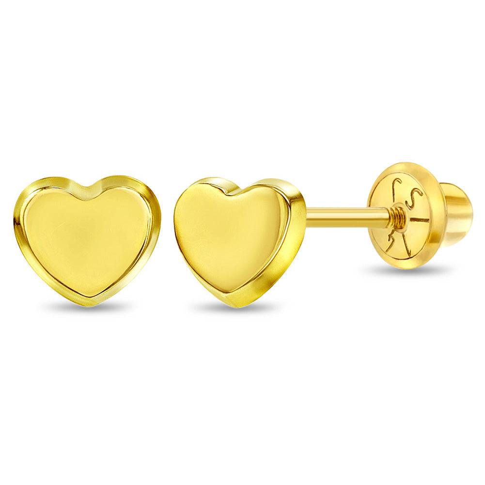 14k Gold Classic Polished Heart Baby / Toddler / Kids Earrings Safety Screw Back