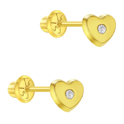 14k Gold Classic CZ Heart Baby / Toddler / Kids Earrings Safety Screw Back