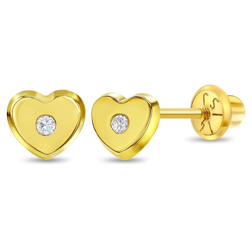 14k Gold Classic CZ Heart Baby / Toddler / Kids Earrings Safety Screw Back