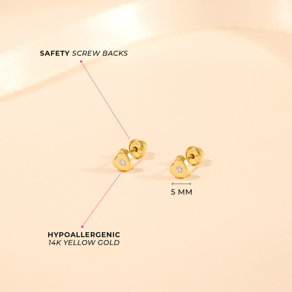 14k Gold Classic CZ Heart Baby / Toddler / Kids Earrings Safety Screw Back