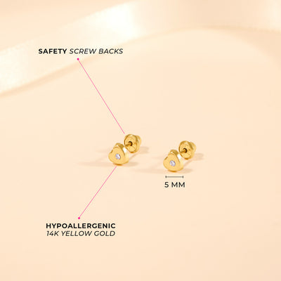 14k Gold Classic CZ Heart Baby / Toddler / Kids Earrings Safety Screw Back