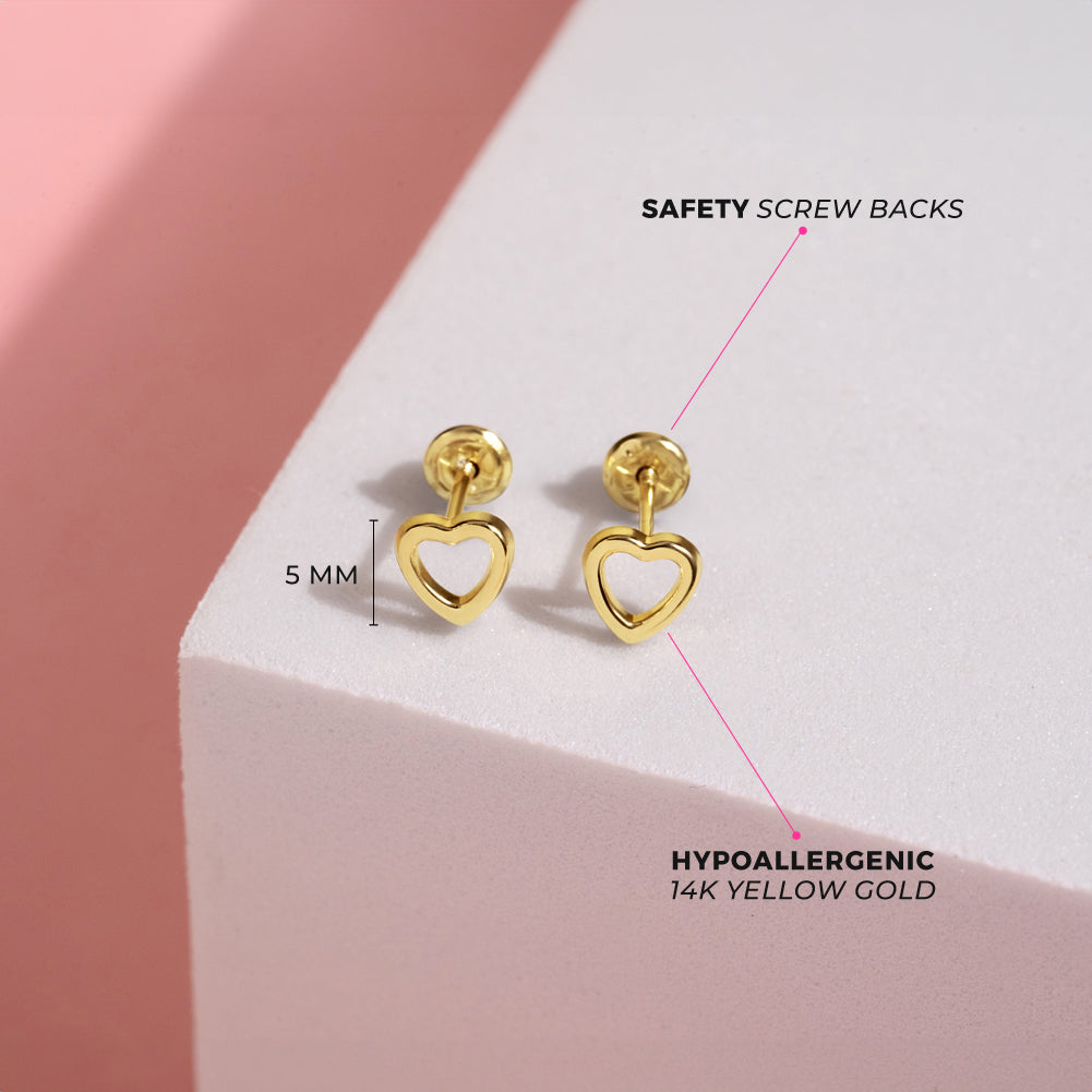 14k Gold Tiny Open Heart Baby / Toddler / Kids Earrings Safety Screw B