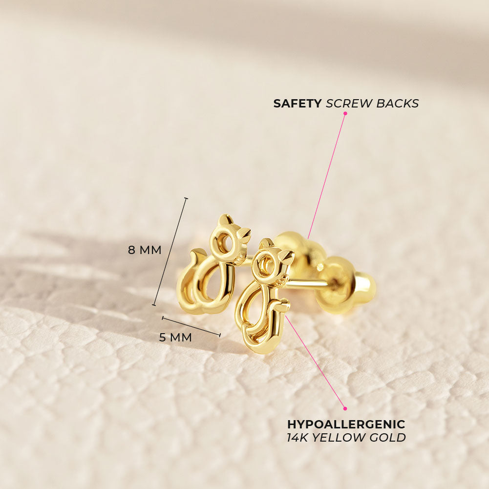14k Gold My Kitty Friend Baby / Toddler / Kids Earrings Safety Screw Back