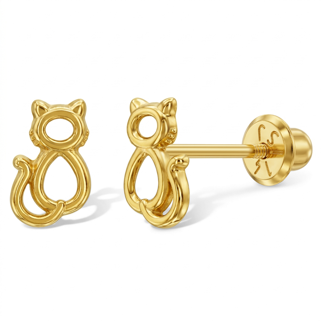 14k Gold My Kitty Friend Baby / Toddler / Kids Earrings Safety Screw Back