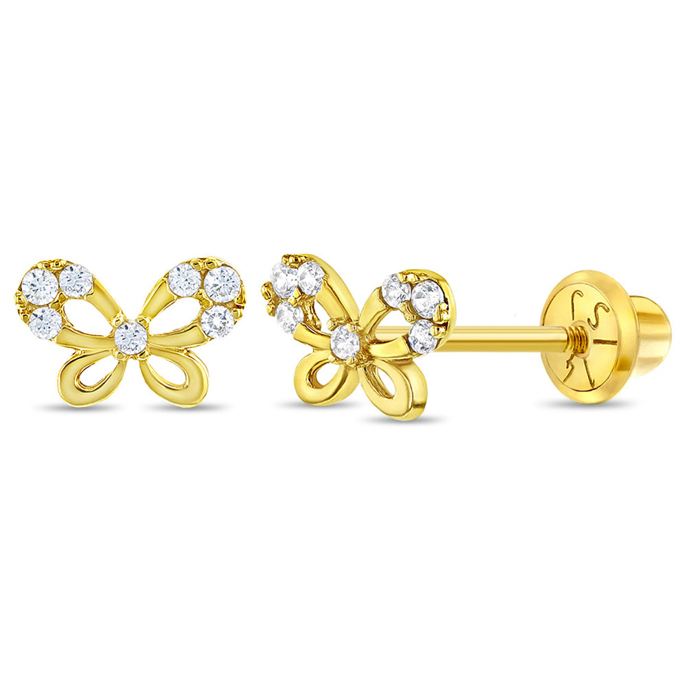 14k Gold Jeweled Butterfly Baby / Toddler / Kids Earrings Safety Screw Back