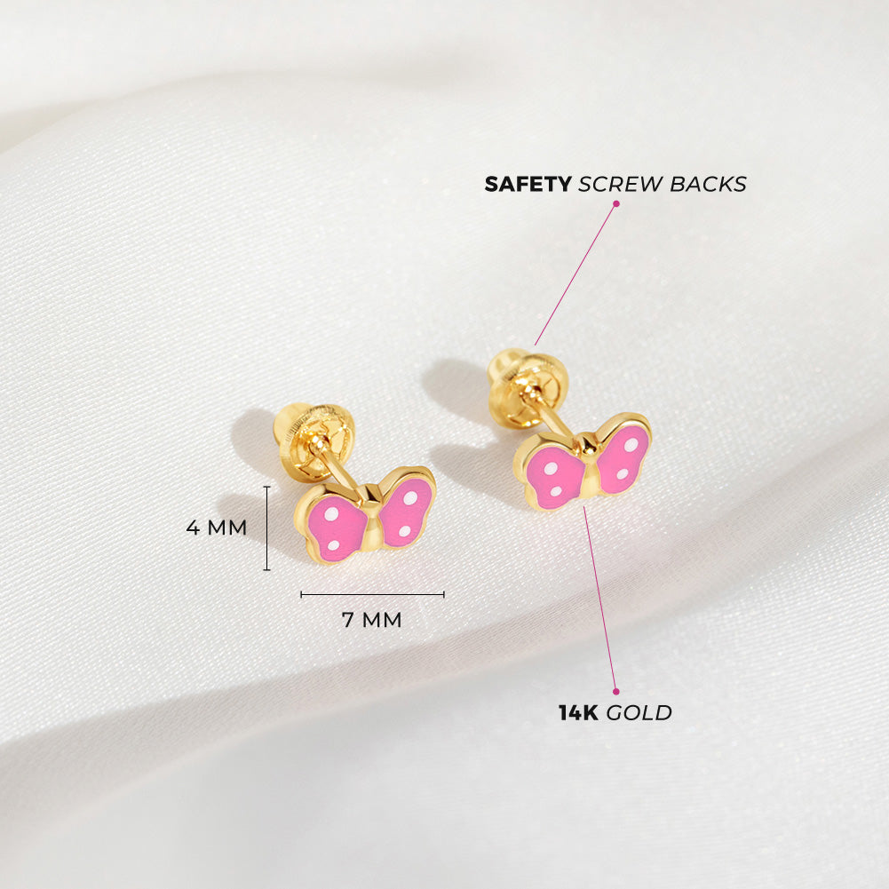 14k Gold Tiny Polka Dot Butterfly Baby / Toddler / Kids Earrings Safety Screw Back Enamel