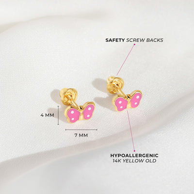 14k Gold Tiny Polka Dot Butterfly Baby / Toddler / Kids Earrings Safety Screw Back Enamel