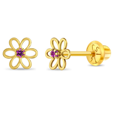 14k Gold Open CZ Flower Baby / Toddler / Kids Earrings Safety Screw Back
