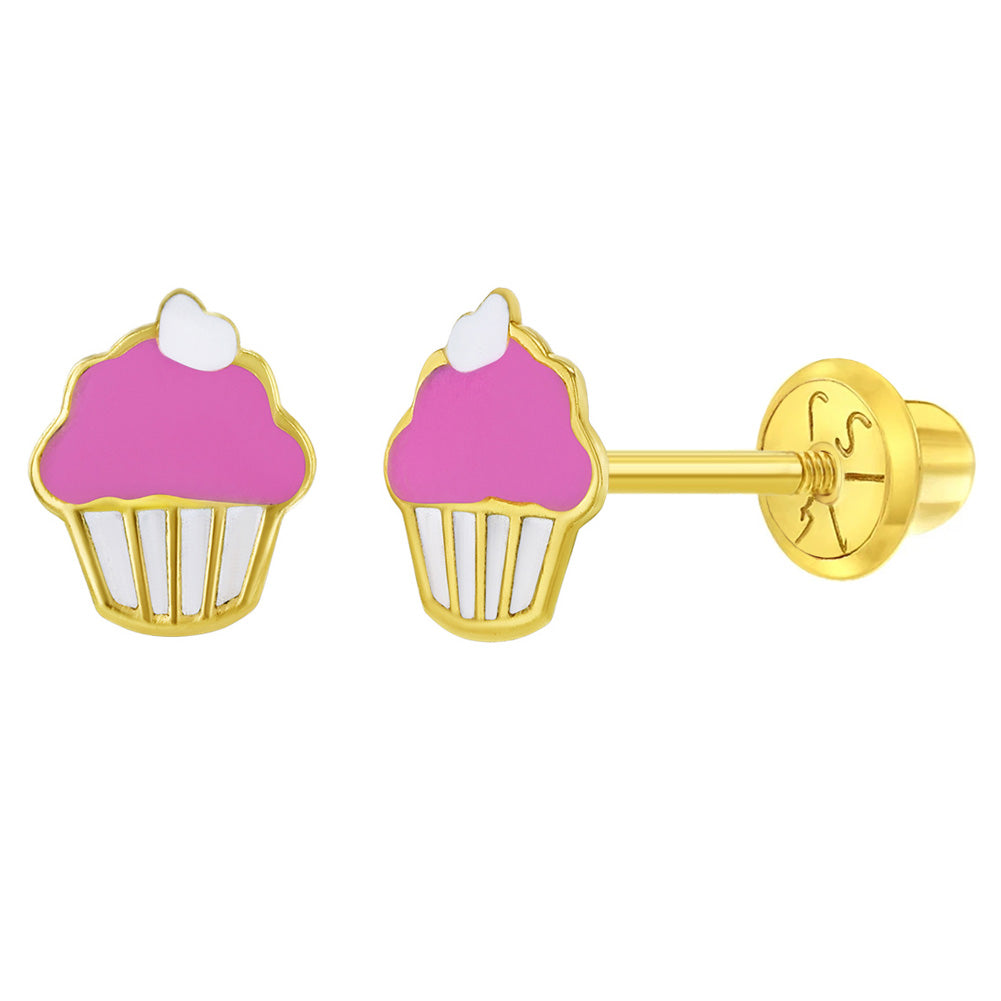14k Yellow Gold Enamel Cupcake Screw Back Earrings for Toddlers and Young Girls, Food Studs