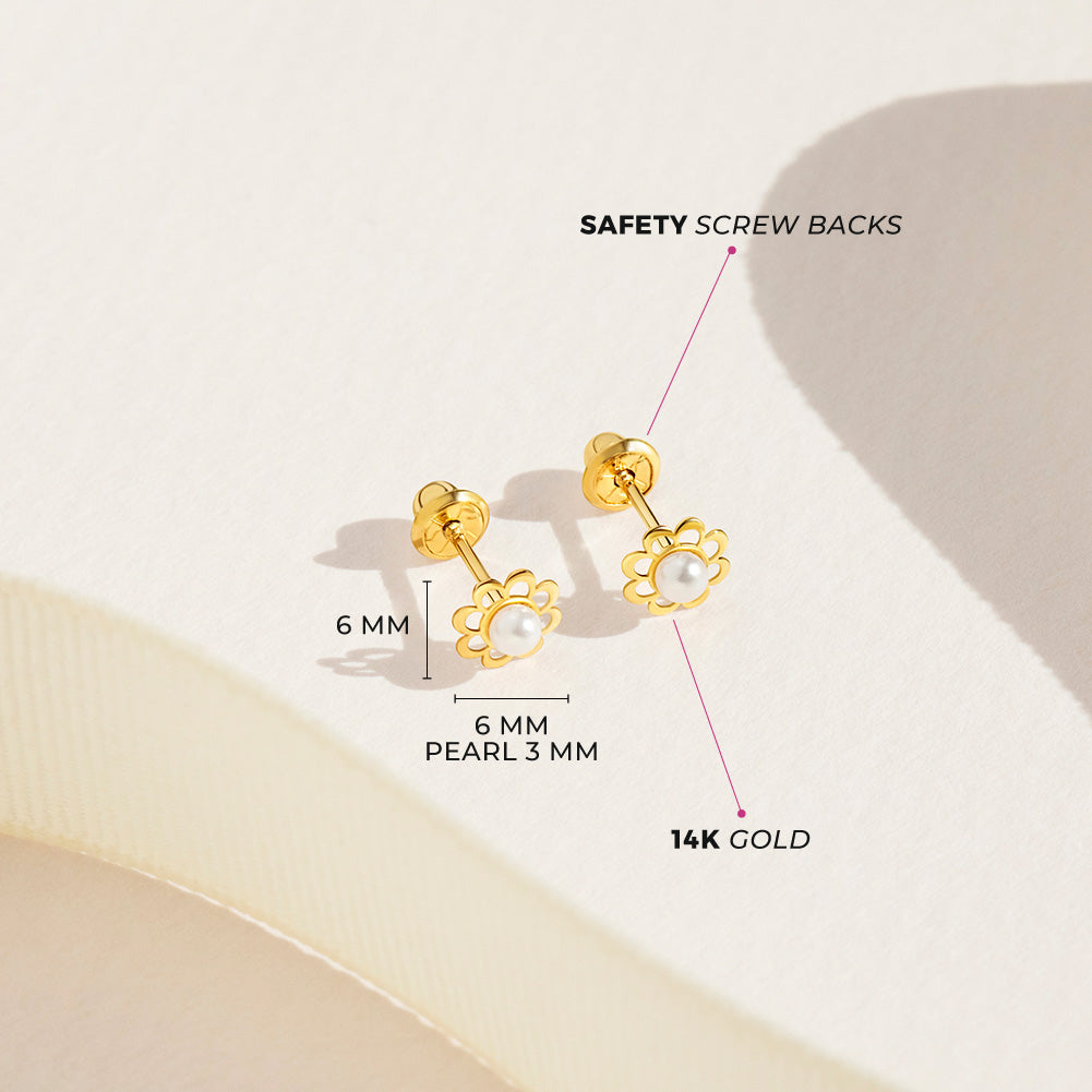 14k Gold Flower Freshwater Pearl Baby / Toddler / Kids Earrings Safety Screw Back