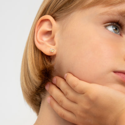 14k White & Yellow Gold Diamond Cut Butterfly Baby / Toddler / Kids Earrings Safety Screw Back