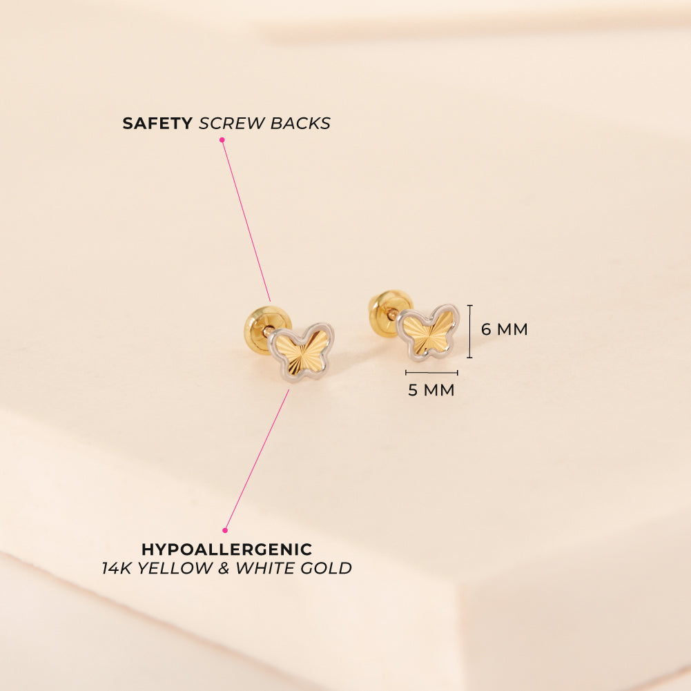 14k White & Yellow Gold Diamond Cut Butterfly Baby / Toddler / Kids Earrings Safety Screw Back
