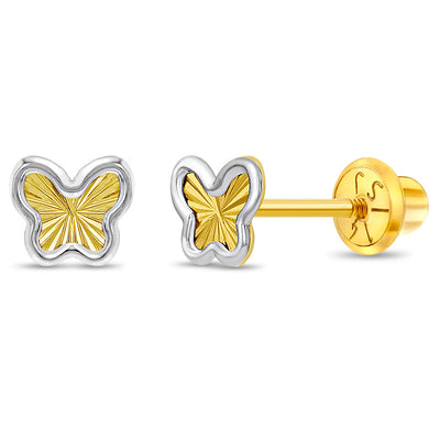 14k White & Yellow Gold Diamond Cut Butterfly Baby / Toddler / Kids Earrings Safety Screw Back