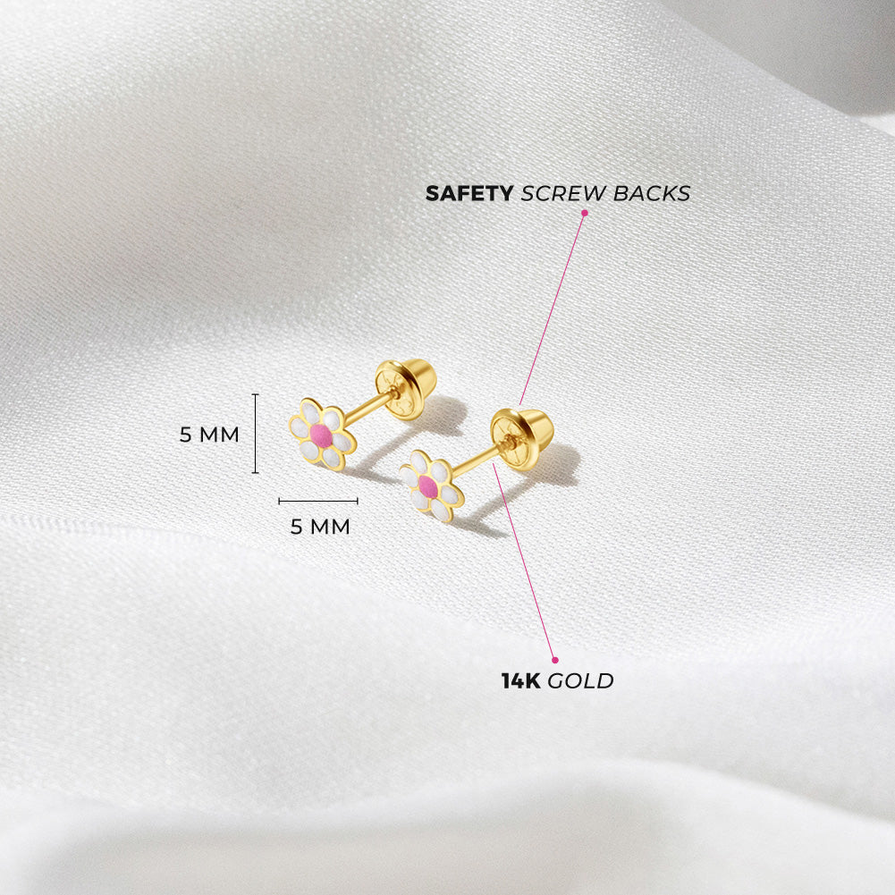 14k Gold Flower Baby / Toddler / Kids Earrings Safety Screw Back Enamel