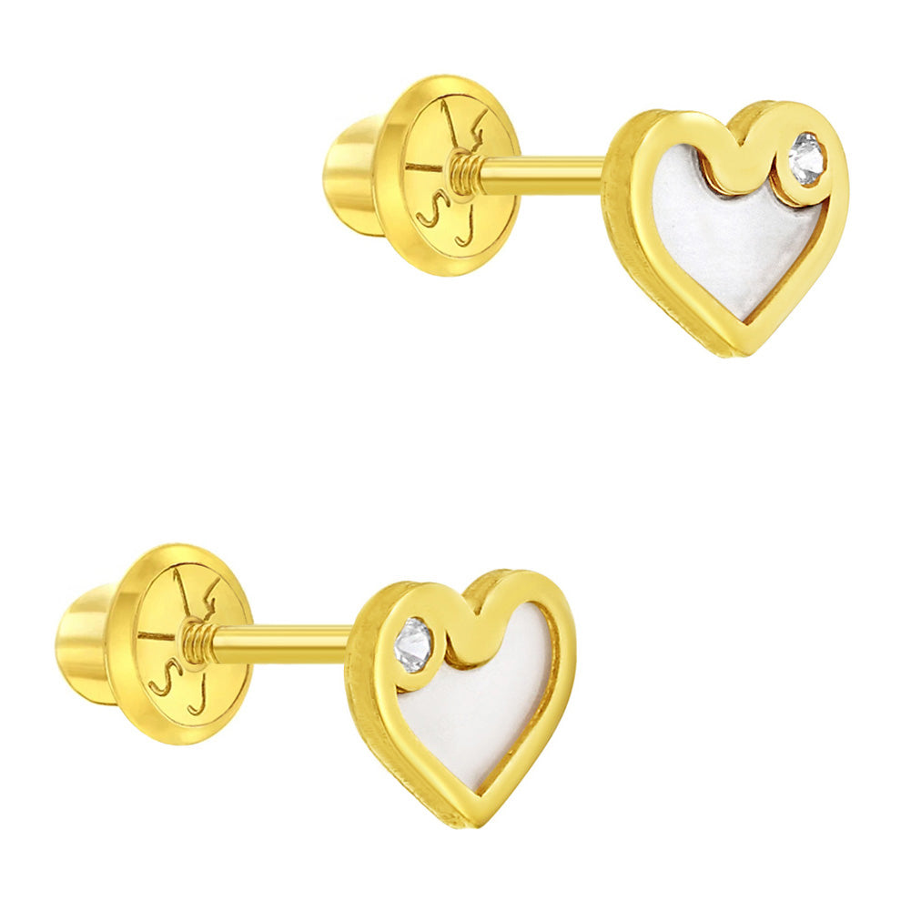 14k Gold Mother of Pearl & CZ Heart Kids / Children's / Girls Earrings Safety Screw Back