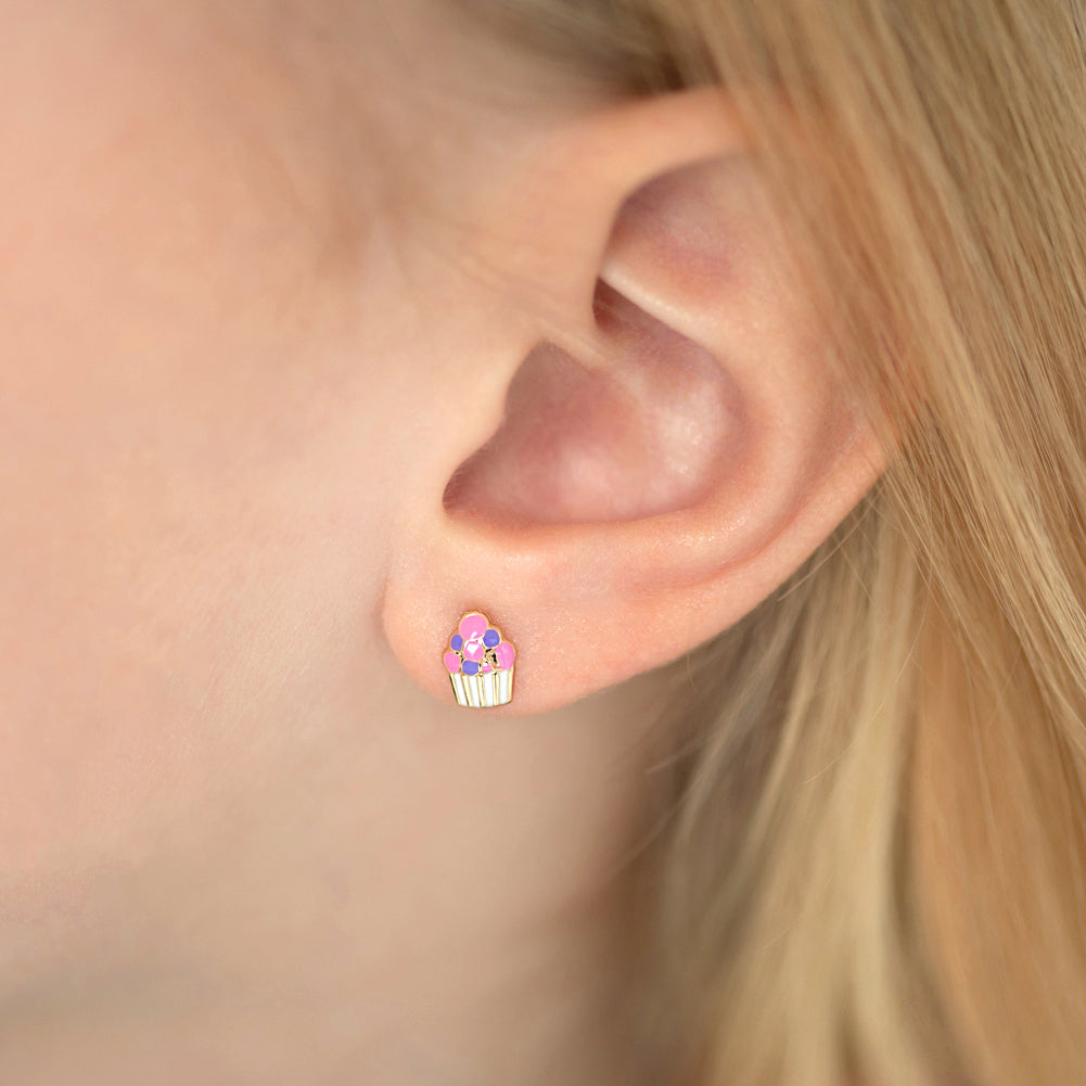14k Gold Colorful Cupcake Kids / Children's / Girls Earrings Safety Screw Back Enamel