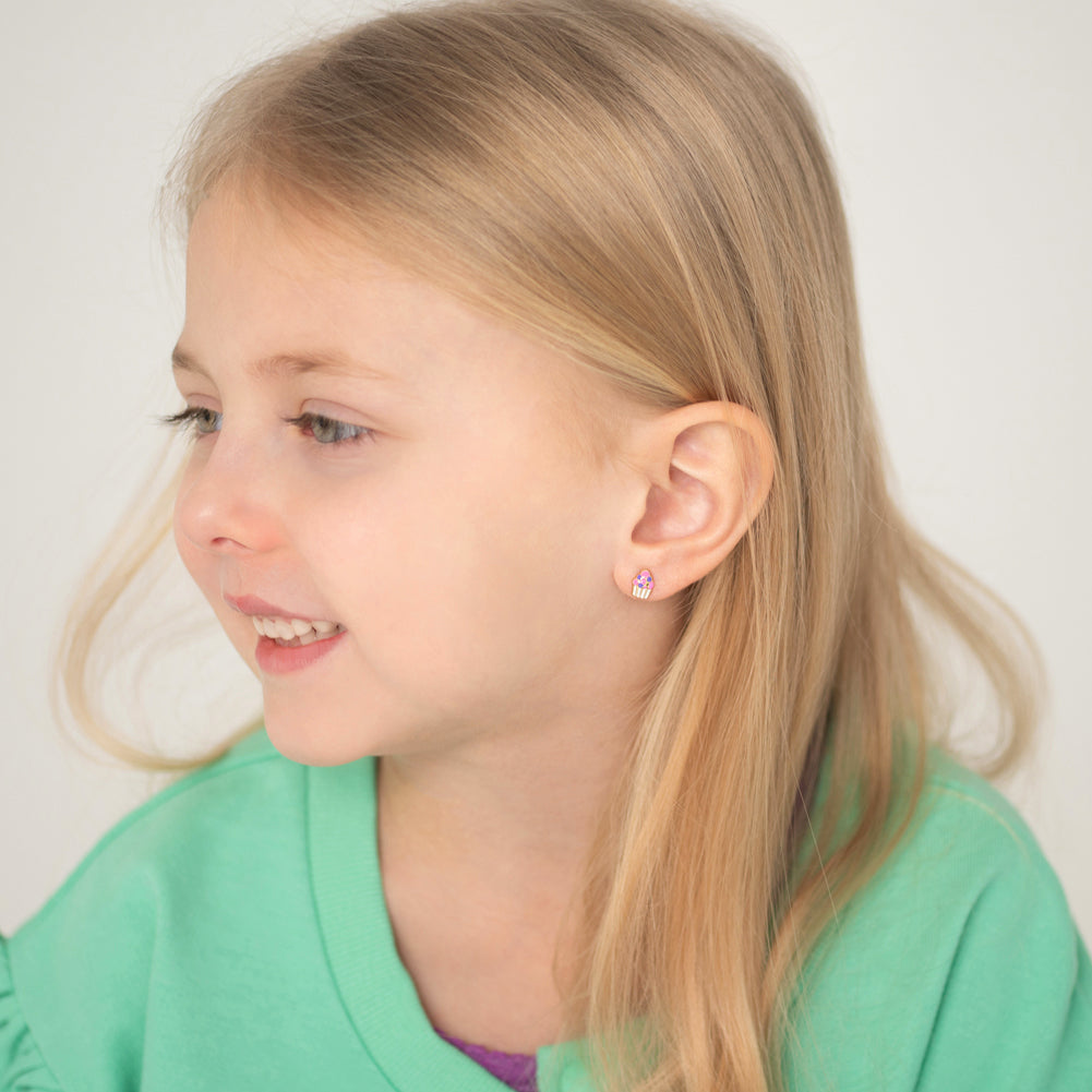 14k Gold Colorful Cupcake Kids / Children's / Girls Earrings Safety Screw Back Enamel