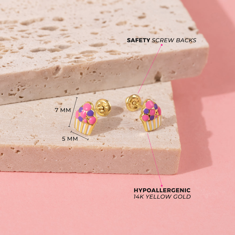14k Gold Colorful Cupcake Kids / Children's / Girls Earrings Safety Screw Back Enamel
