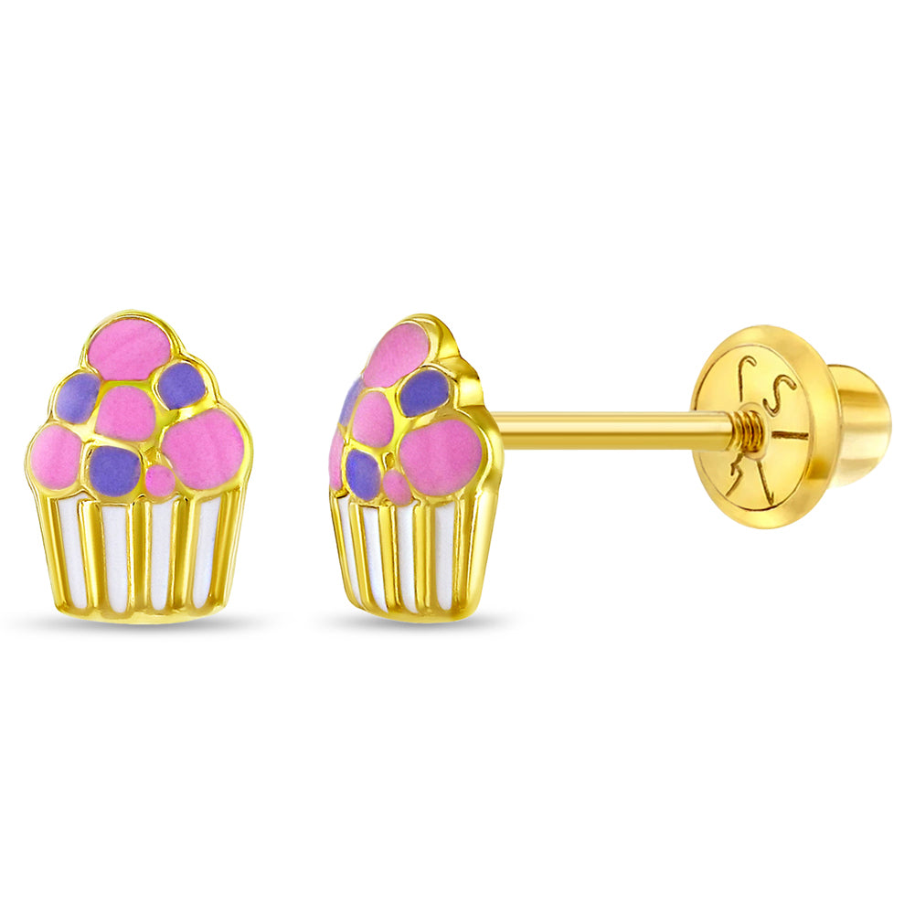 14k Gold Colorful Cupcake Kids / Children's / Girls Earrings Safety Screw Back Enamel