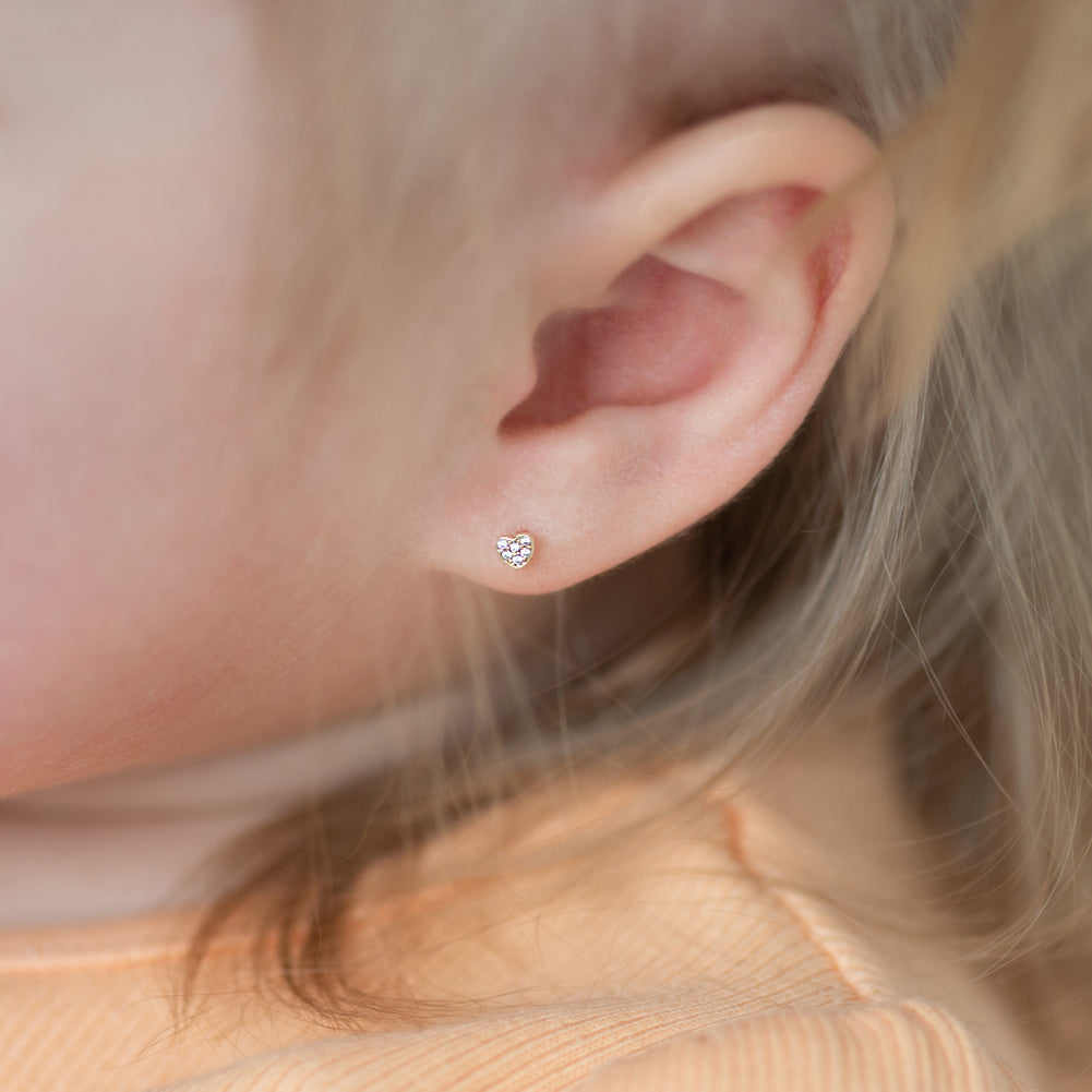 14k Gold Tiny Pave CZ Heart 3mm Baby Toddler Kids Earrings Safety Screw Back