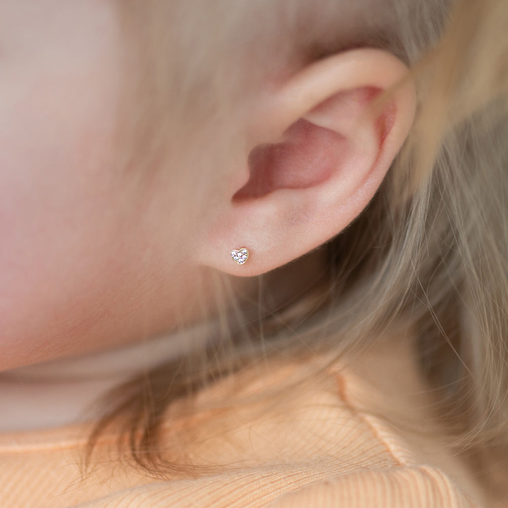 14k Gold Tiny Pave CZ Heart 3mm Baby / Toddler / Kids Earrings Safety Screw Back