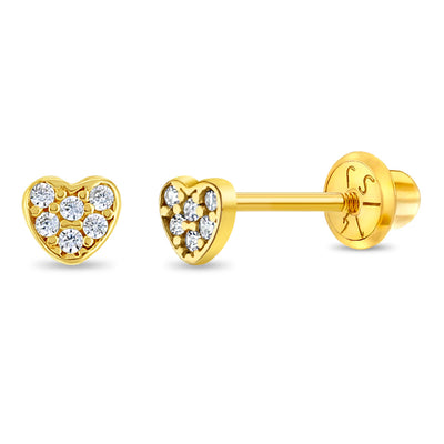14k Gold Tiny Pave CZ Heart 3mm Baby / Toddler / Kids Earrings Safety Screw Back