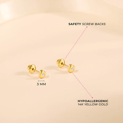 14k Gold Teenie Tiny CZ Heart 3mm Baby / Toddler / Kids Earrings Safety Screw Back