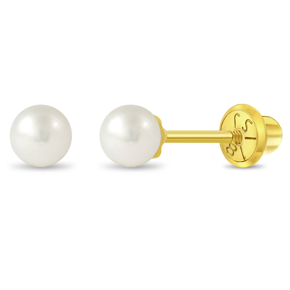 18k Gold Classic Freshwater Cultured Pearl 3-6mm Baby / Toddler / Kids Earrings Safety Screw Back