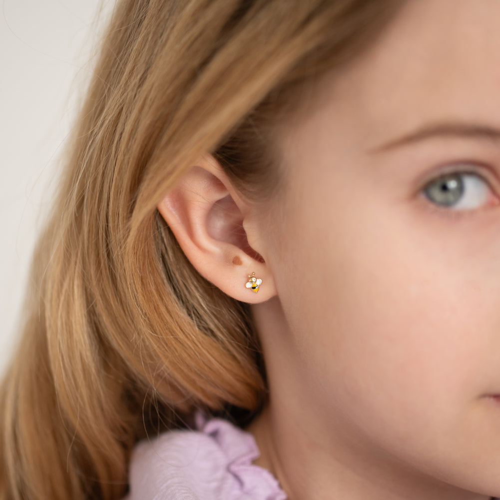 14k Gold Honey Bee Baby / Toddler / Kids Earrings Safety Screw Back Enamel