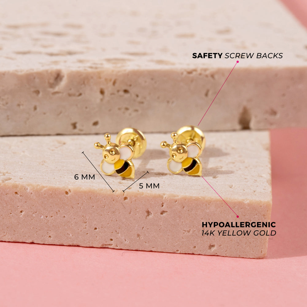 14k Gold Honey Bee Baby / Toddler / Kids Earrings Safety Screw Back Enamel