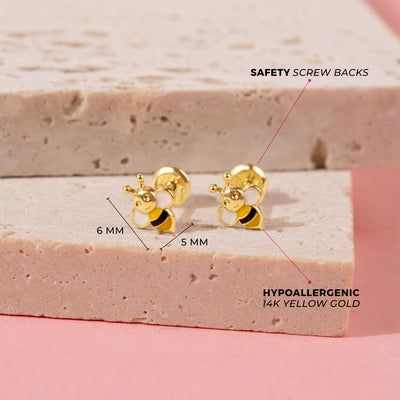 14k Gold Honey Bee Baby / Toddler / Kids Earrings Safety Screw Back Enamel
