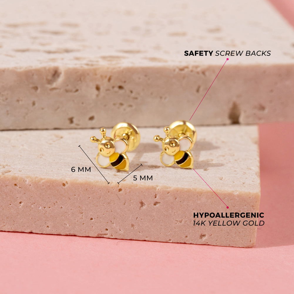 14k Gold Honey Bee Baby / Toddler / Kids Earrings Safety Screw Back Enamel