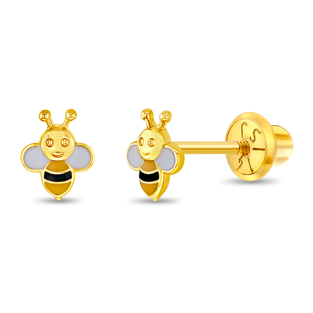 14k Gold Honey Bee Baby / Toddler / Kids Earrings Safety Screw Back Enamel