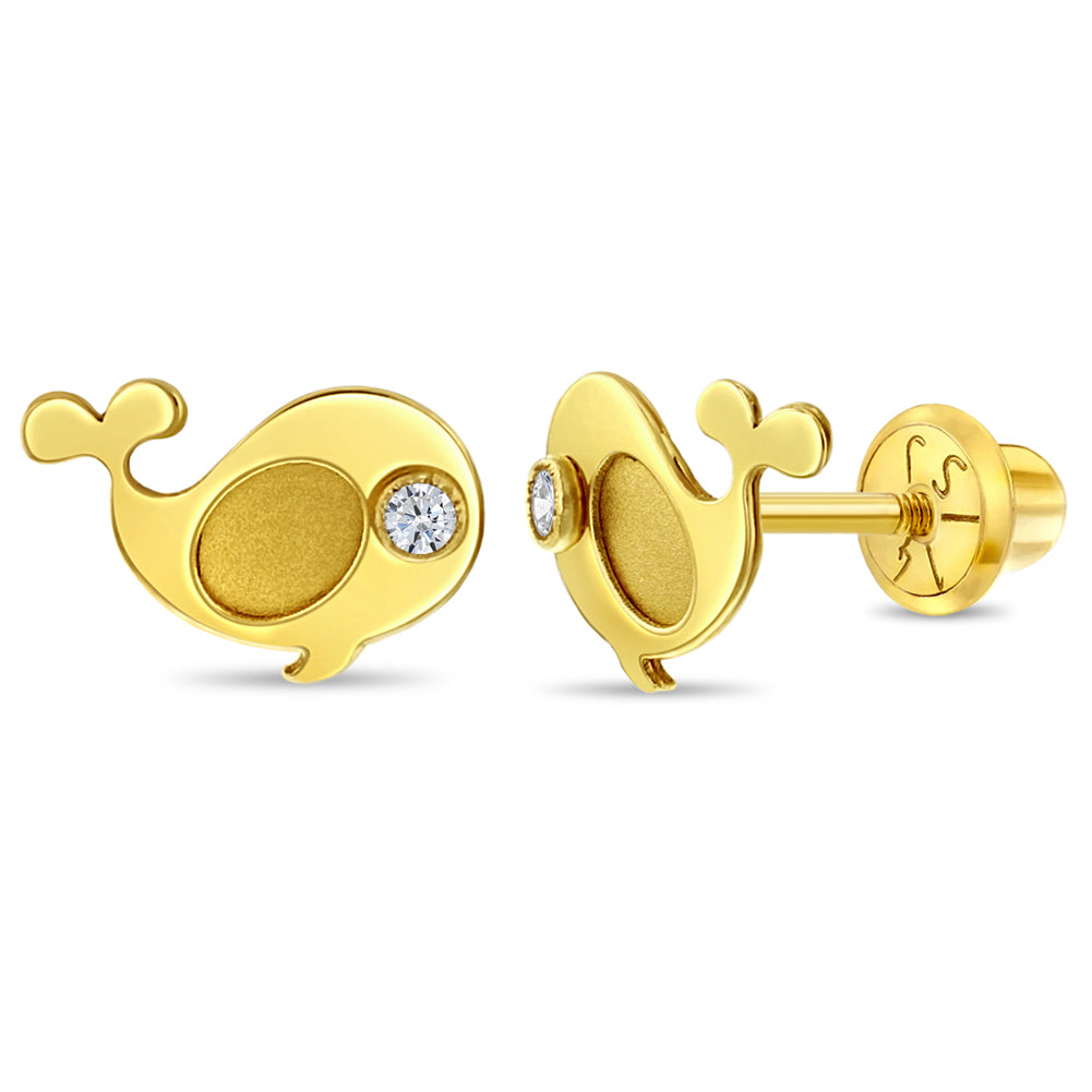 14k Gold Swimming Whale Clear Toddler / Kids / Girls Earrings Safety Screw Back