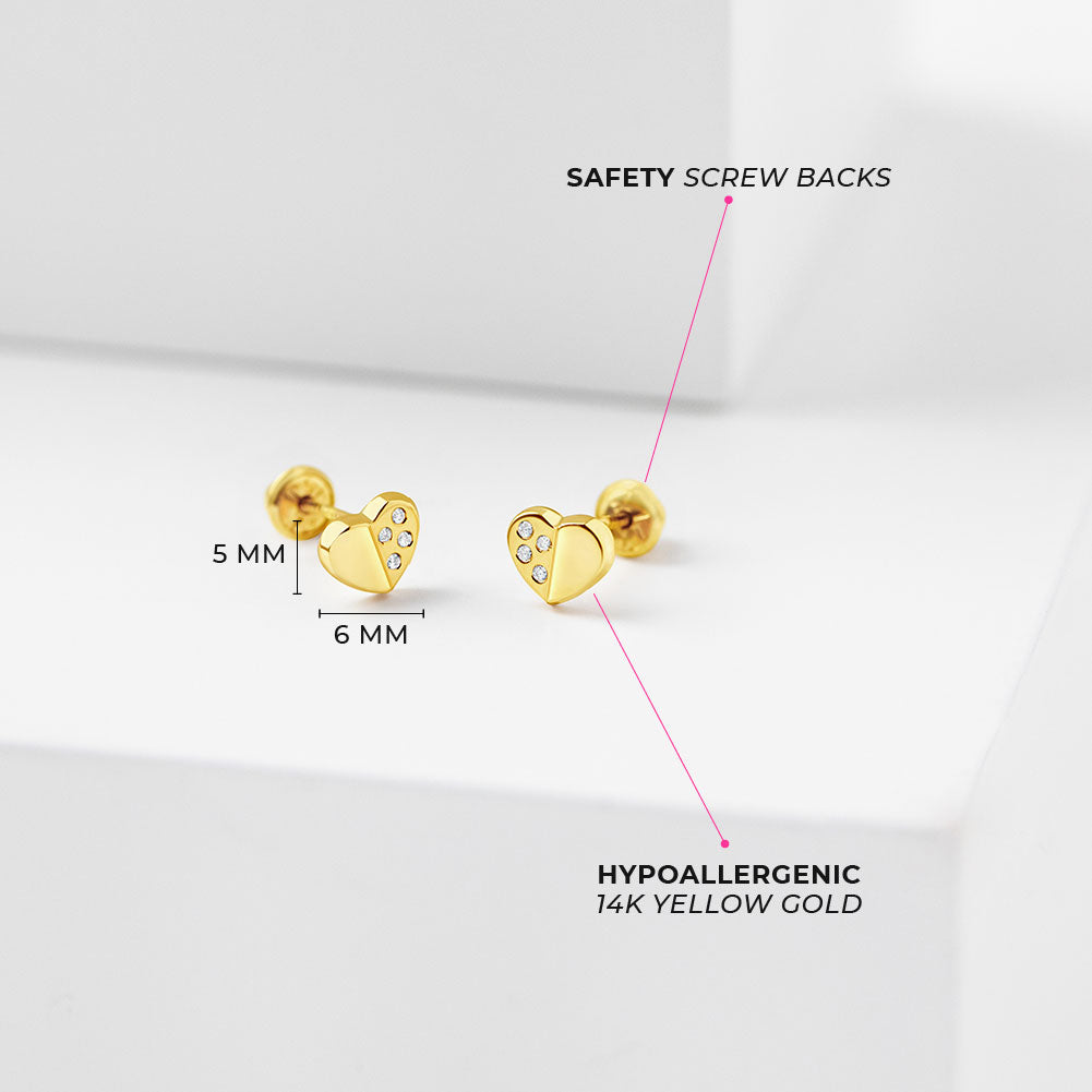14k Gold Sweet Heart Encrusted Clear Toddler / Kids / Girls Earrings Safety Screw Back