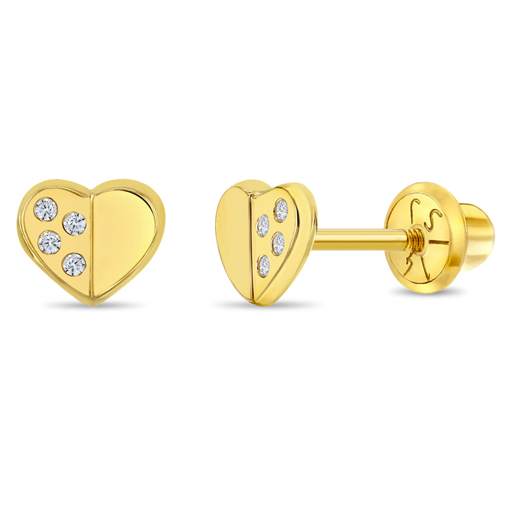 14k Gold Sweet Heart Encrusted Clear Toddler / Kids / Girls Earrings Safety Screw Back