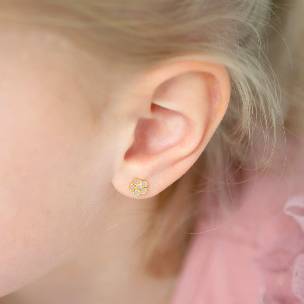 14k Gold Mother of Pearl Flower Toddler / Kids / Girls Earrings Safety Screw Back