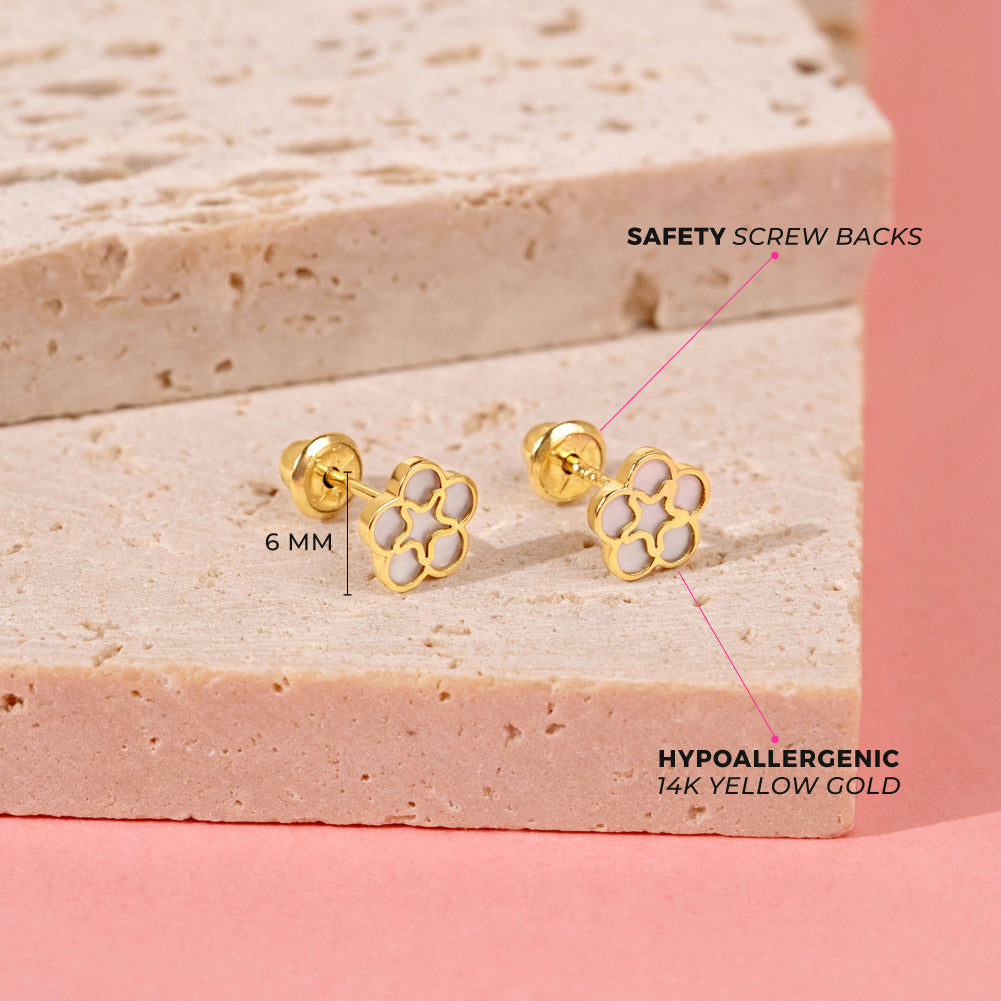 14k Gold Mother of Pearl Flower Toddler / Kids / Girls Earrings Safety Screw Back