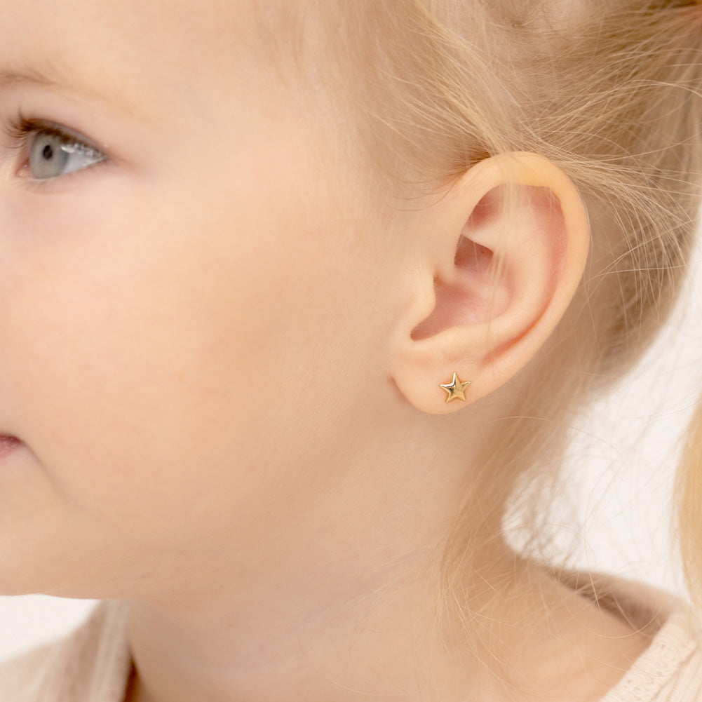 14k Gold Puffed Star Toddler / Kids / Girls Earrings Safety Screw Back